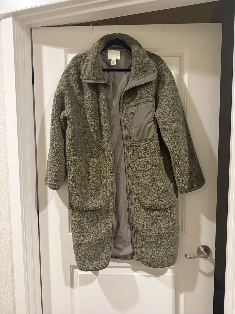 H&M Long Olive Green Sherpa Coat with Zip Front